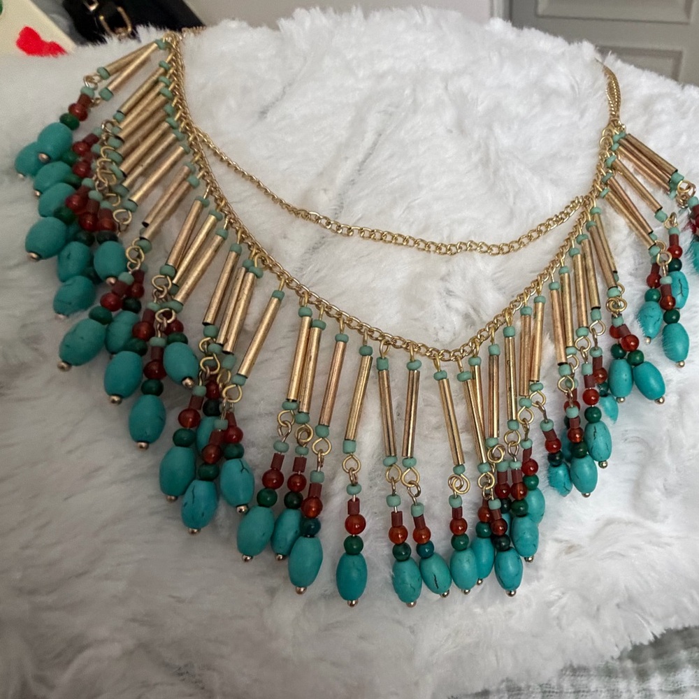 Nakamol Bead Necklace Turquoise Gold Multi Layer Statement Necklace Boho - Picture 3 of 5